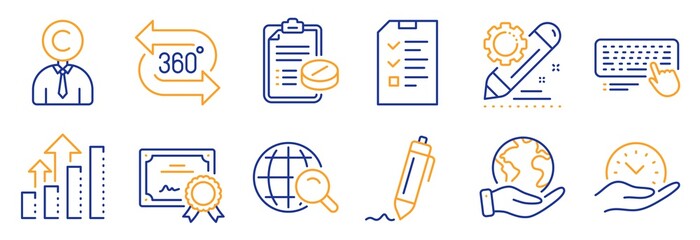 Set of Science icons, such as Analysis graph, 360 degree. Certificate, save planet. Safe time, Interview, Computer keyboard. Project edit, Signature, Copyrighter. Vector