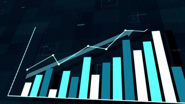 3D animation of blue rising bar graph with uparrow following above bar. 4K animation.