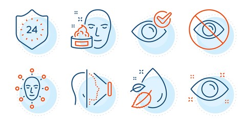 Check eye, Health eye and Not looking signs. Face id, Face cream and 24 hours line icons set. Water drop symbol. Phone scanning, Gel. Medical set. Outline icons set. Ð¡ircle with dashed line. Vector