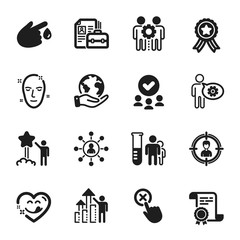 Set of People icons, such as Vacancy, Employees teamwork. Certificate, approved group, save planet. Health skin, Blood donation, Networking. Employee results, Reject click, Medical analyzes. Vector