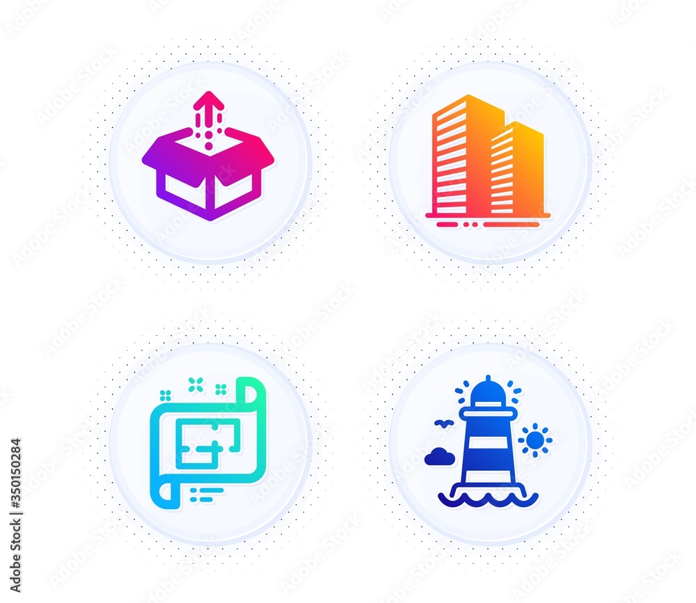 Poster architectural plan, send box and skyscraper buildings icons simple set. button with halftone dots. l