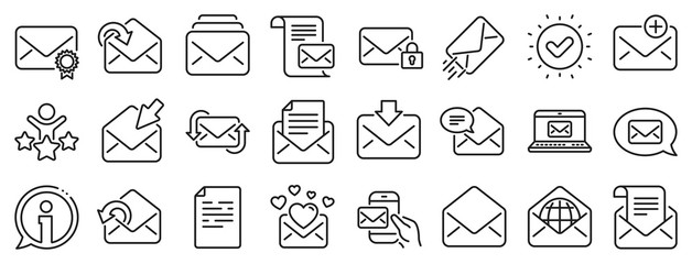Newsletter, Email document, Correspondence icons. Mail message line icons. Received mail, Secure message and Web letter. Post office newsletter, Send email document, private communication. Vector