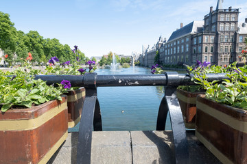 View to the historical Binnenhof with the Hofvijver lake, flags and flowers in foreground, focus on...