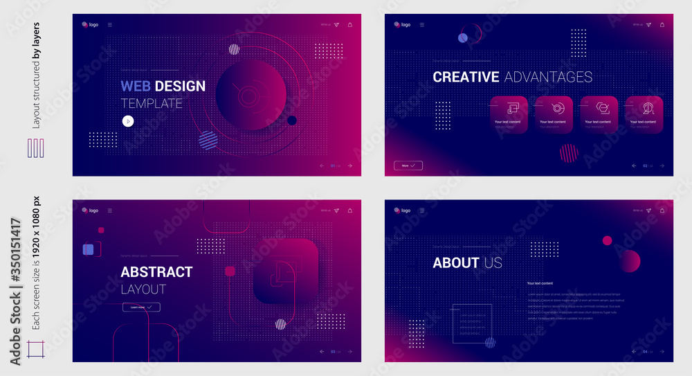 Aufkleber digital abstract gradient purple web design four screen template. stylish custom and individual set 