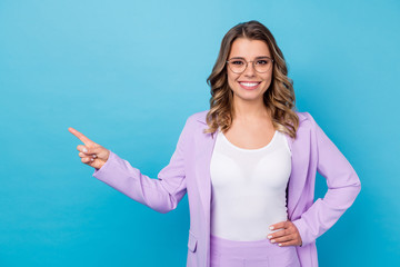 Portrait of her she nice attractive lovely pretty intelligent successful cheerful wavy-haired girl showing like follow subscribe isolated over bright vivid shine vibrant blue color background