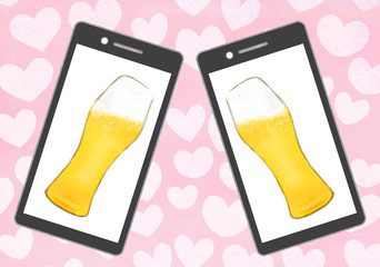 オンライン飲み会-カジュアル-細グラス ハートの背景 © machi