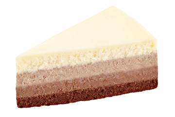 Piece of cheesecake three chocolates isolated on white background, clipping path, full depth of field