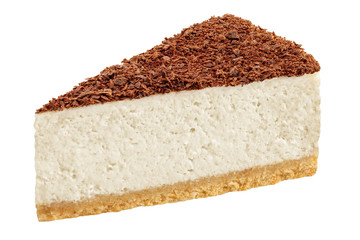 Piece of cheesecake with chocolate isolated on white background, clipping path, full depth of field