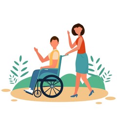 Obraz na płótnie Canvas Disability man with friend or volunteer. Positive lifestyle with physical illness. Vector design in flat style in blue colours