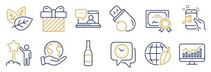 Set of Business icons, such as Organic tested, Star. Certificate, save planet. Music phone, Friends chat, Surprise. Clock, Flash memory, Beer bottle. Statistics, Environment day line icons. Vector