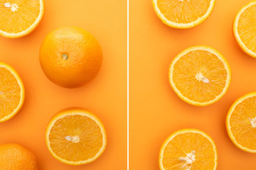 collage of ripe juicy whole oranges and slices on colorful background