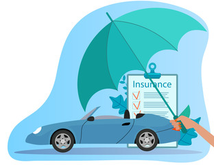 Hand holding an umbrella over the car. Car insurance concept.Flat vector illustration.