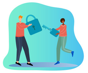 People are trying to open the padlock.The concept of getting access, password, and Confederacy.Flat vector illustration.