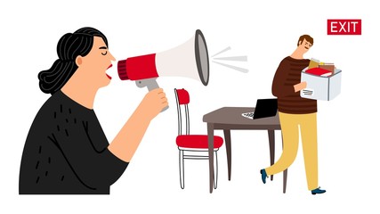 Fototapeta premium Dismissal employee. Boss yells at departing employee. Manager with box of office supplies leaves job vector illustration