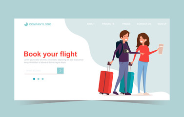 Book your flight. Concept of web page design for website and mobile website. Landing page template. 