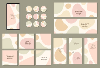 Obraz na płótnie Canvas Beautiful feminine set of square, vertical, horizontal and circle social media templates with minimal abstract organic shapes composition in trendy contemporary collage style