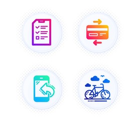 Credit card, Interview and Incoming call icons simple set. Button with halftone dots. Bike rental sign. Bank payment, Checklist file, Phone support. Bicycle. Business set. Vector