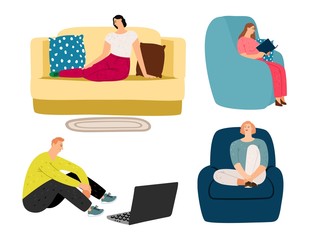People resting at home. Cozy sofa and armchairs, woman sitting and reading. Man watching show or online training on laptop. Different flat characters at house vector illustration