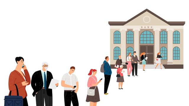 People Queue At Bank. Crowd Waiting Line, Social Distance. Men Women Couples Need Cash Money, Payouts Or Government Subsidies. Finance Crisis And Banking Problems Vector Illustration