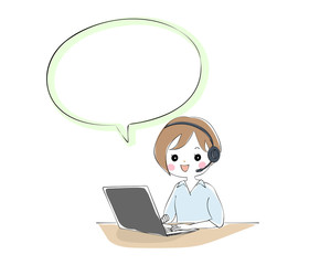 ノートパソコンでテレワークをする女性　吹き出し付き