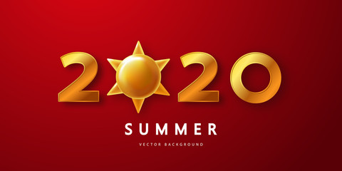 Summer 2020 red background with Golden numbers and sun.Vector illustration for postcard, banner, poster and other design