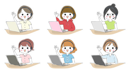 ノートパソコンでテレワークをする女性のセット