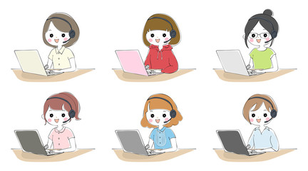 ノートパソコンでテレワークをする女性のセット