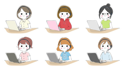 ノートパソコンでテレワークをする女性のセット
