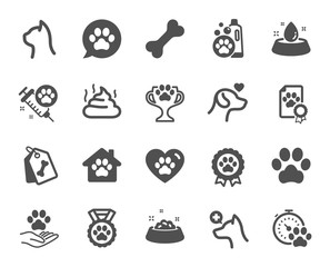 Pets icons. Veterinary, dog care and cat food. Lovely animals, shampoo for pets and doghouse icons. Vaccine, pet care and dog paw. Winner cup, certificate and medal. Animal feces. Vector