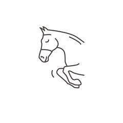 A pony jumps over barrier. Equestrian sport. Beautiful black icon on white backdrop. Vector icon or logo for yard, ranch, horse riding stable or school.