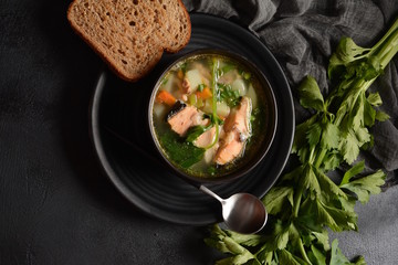 Fresh fish soup on black background