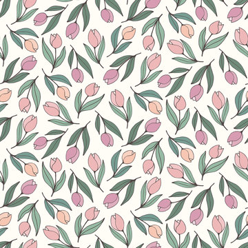 Seamless tossed pattern of abstract pink and purple tulips
