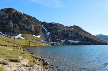 a lake in the snowy mountains