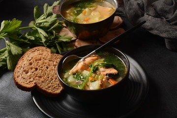 Fresh fish soup on black background