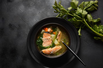 Fresh fish soup on black background