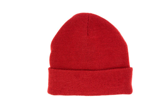 Women's knitted, red, isolated hat on a white background.