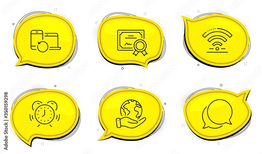 Poster recovery devices sign. diploma certificate, save planet chat bubbles. wifi, time management and chat