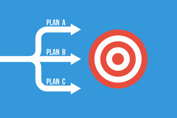 many arrows moving to one goal, different plans vector concept