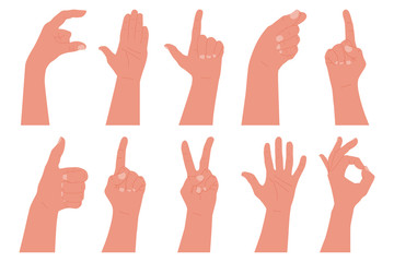 Obraz premium Human hand with gestures vector cartoon set isolated on a white background.