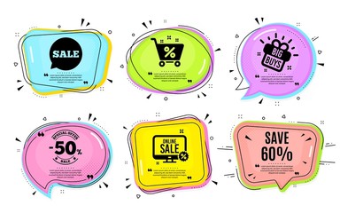 Save 60% off. Big buys, online shopping. Sale Discount offer price sign. Special offer symbol. Quotation bubble. Banner badge, texting quote boxes. Discount text. Coupon offer. Vector