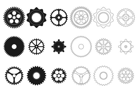 Gear cogwheel vector silhouettes icons set isolated on a white background.