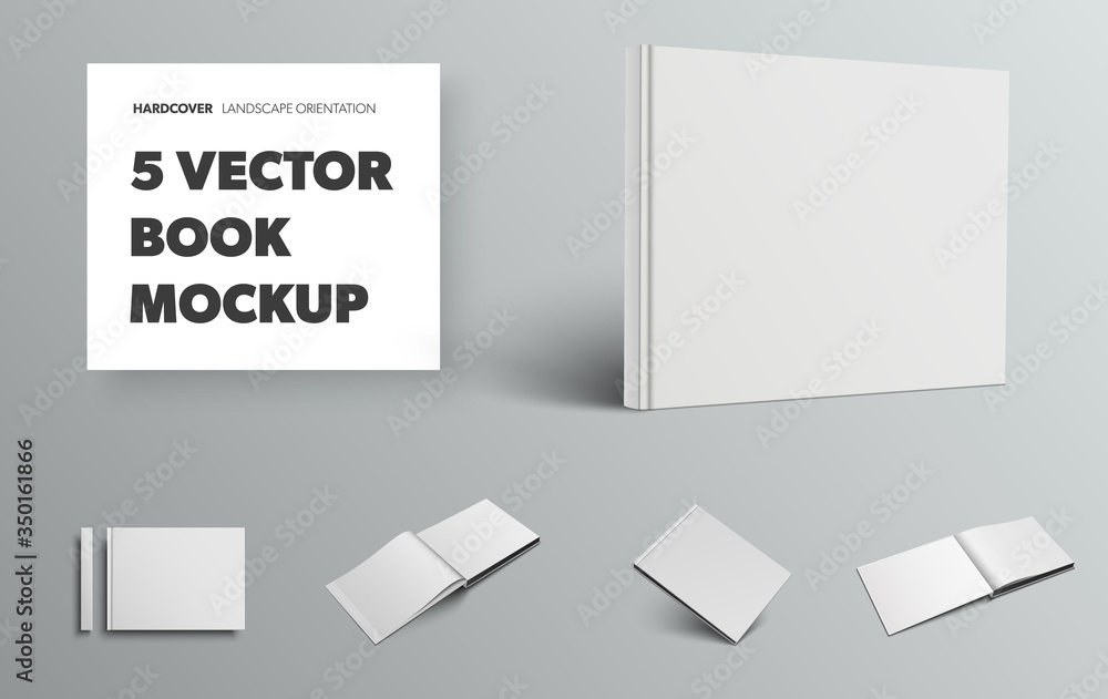 Poster mockup of blank vector book in white hardcover and landscape orientation, front and back view, isola