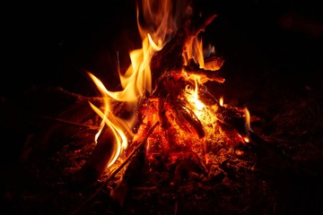 Camp fire burning in the night