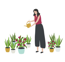 Beautiful girl waters flowers with watering can. Young woman watering houseplants. Caring for indoor plants. Ecology hobby. Garden work. Stay home lifestyle. Cartoon vector illustration on white.