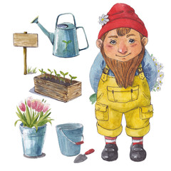 Cute gardener dwarf and his tools
