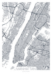 Detailed borough map of Manhattan New York city, vector poster or postcard for city road and park plan