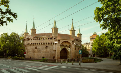 Barbican and St. Florian's Gate in Krakow city, Poland - obrazy, fototapety, plakaty