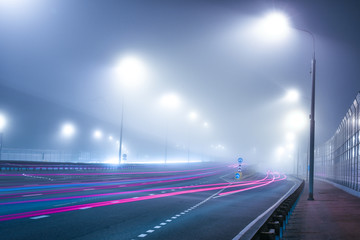 Fototapeta na wymiar smoke on the highway at night 