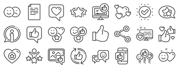 Set - Share network, Social links and Rating linear icons. Social media line icons. Heart, Feedback smile emotion and internet media. Share network, like icon, video content rating and dislike. Vector - obrazy, fototapety, plakaty