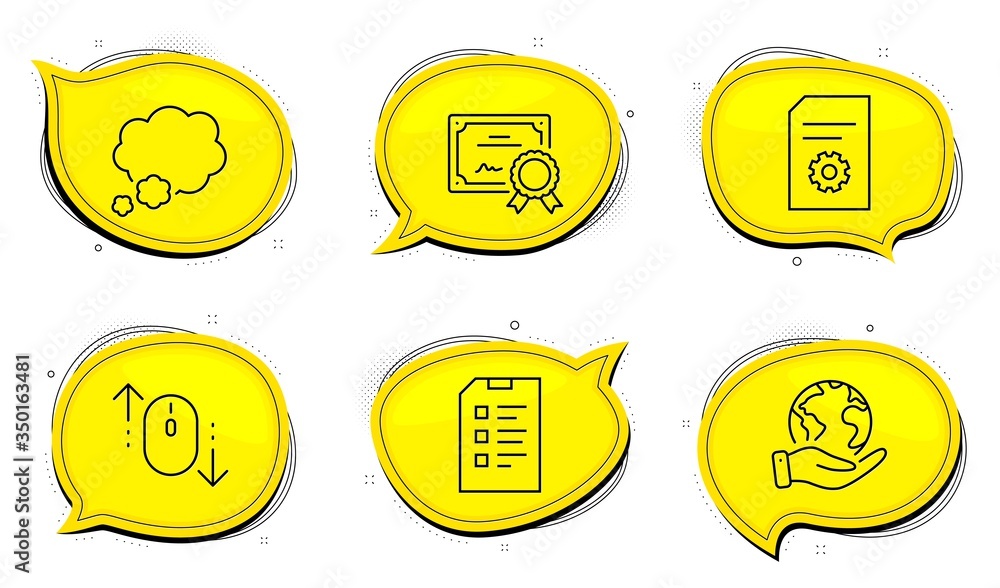 Poster talk bubble sign. diploma certificate, save planet chat bubbles. scroll down, checklist and file set